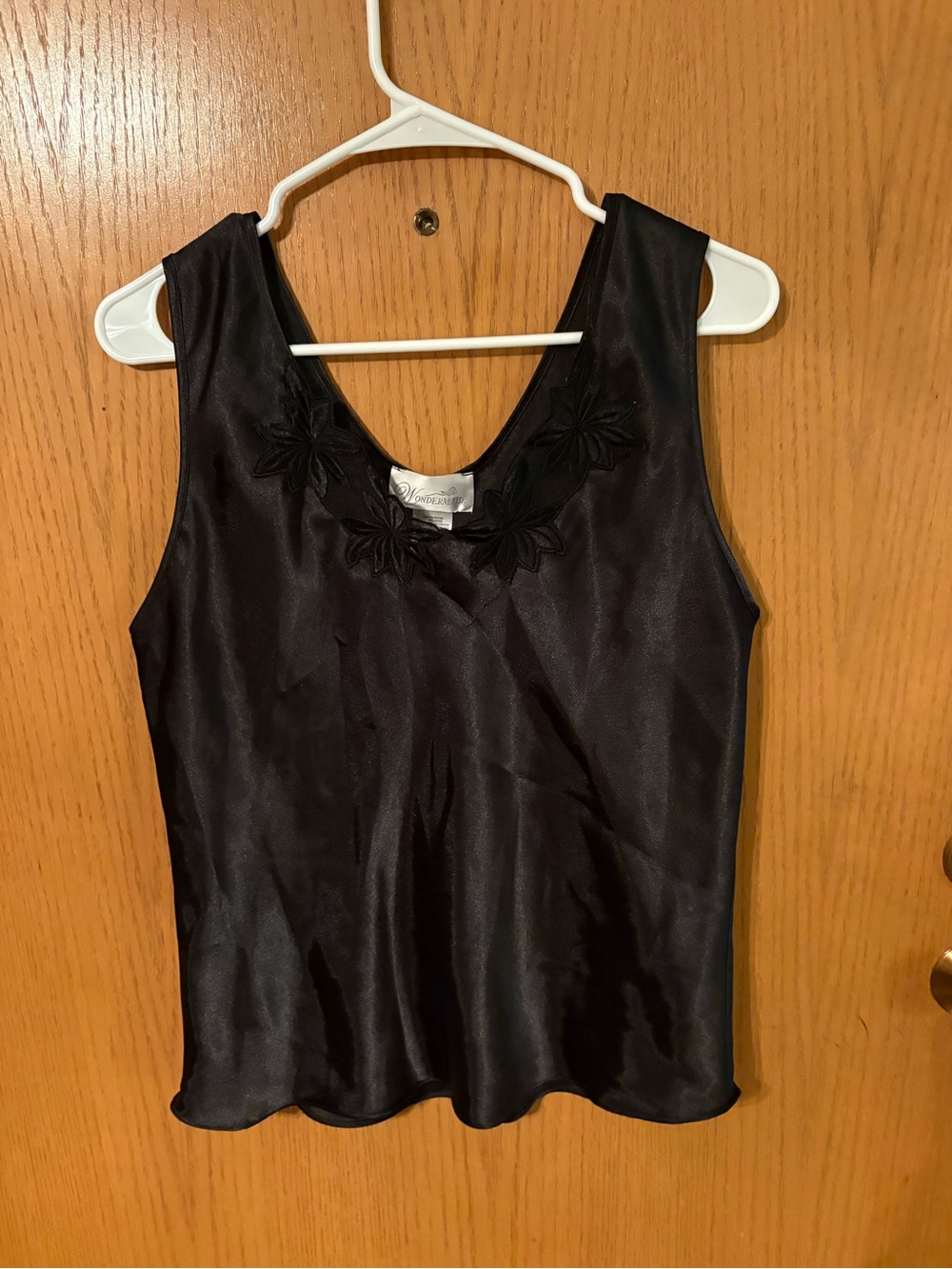 Black Satin Embroidered Scoop Neck Tank